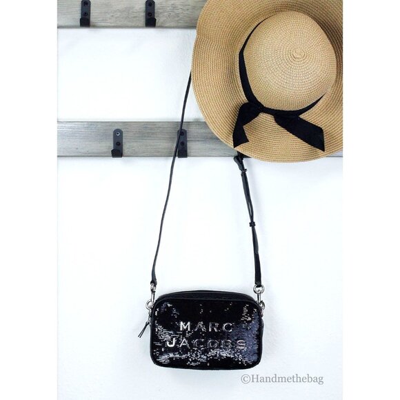 NEW Marc Jacobs Signet Flash Camera Crossbody Handbag Black Sequined Leather NWT